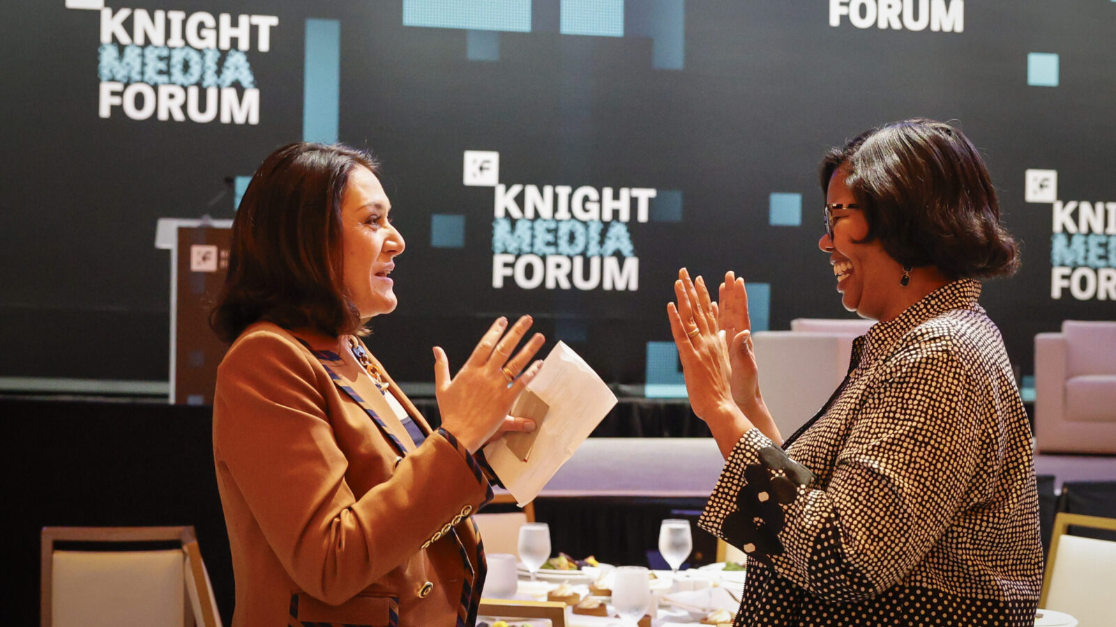 Knight's Maribel Perez Wadsworth and Press Forward's Dale Anglin at the Knight Media Forum 2024. Photo by Eva Marie Uzcategui