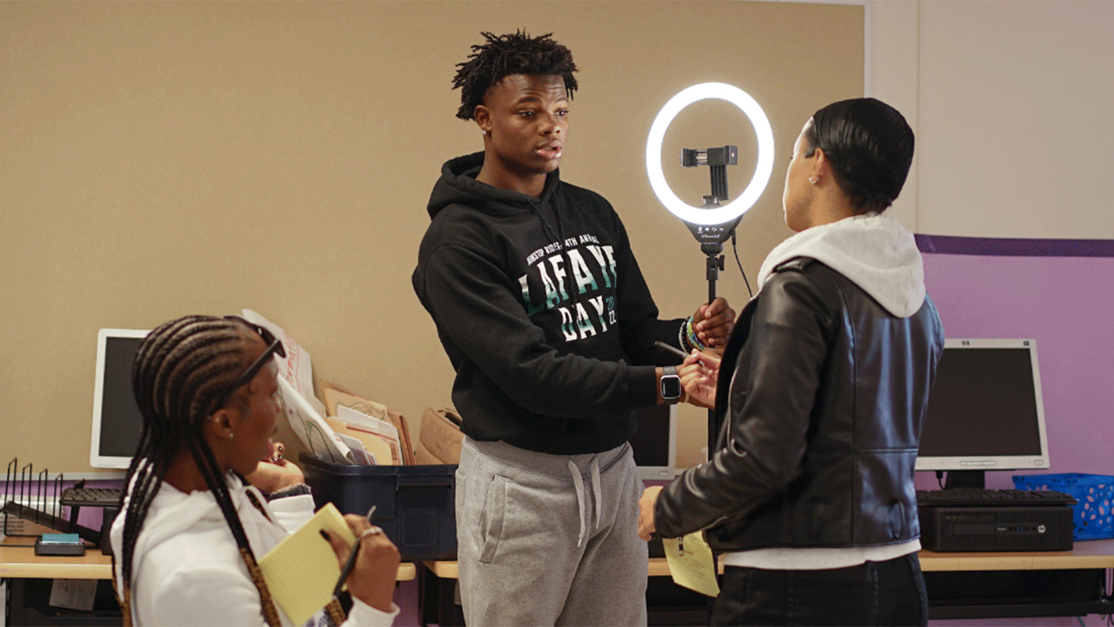 Wheatley High School students plan a video essay at a Shift Press workshop. Credit: Shift Press