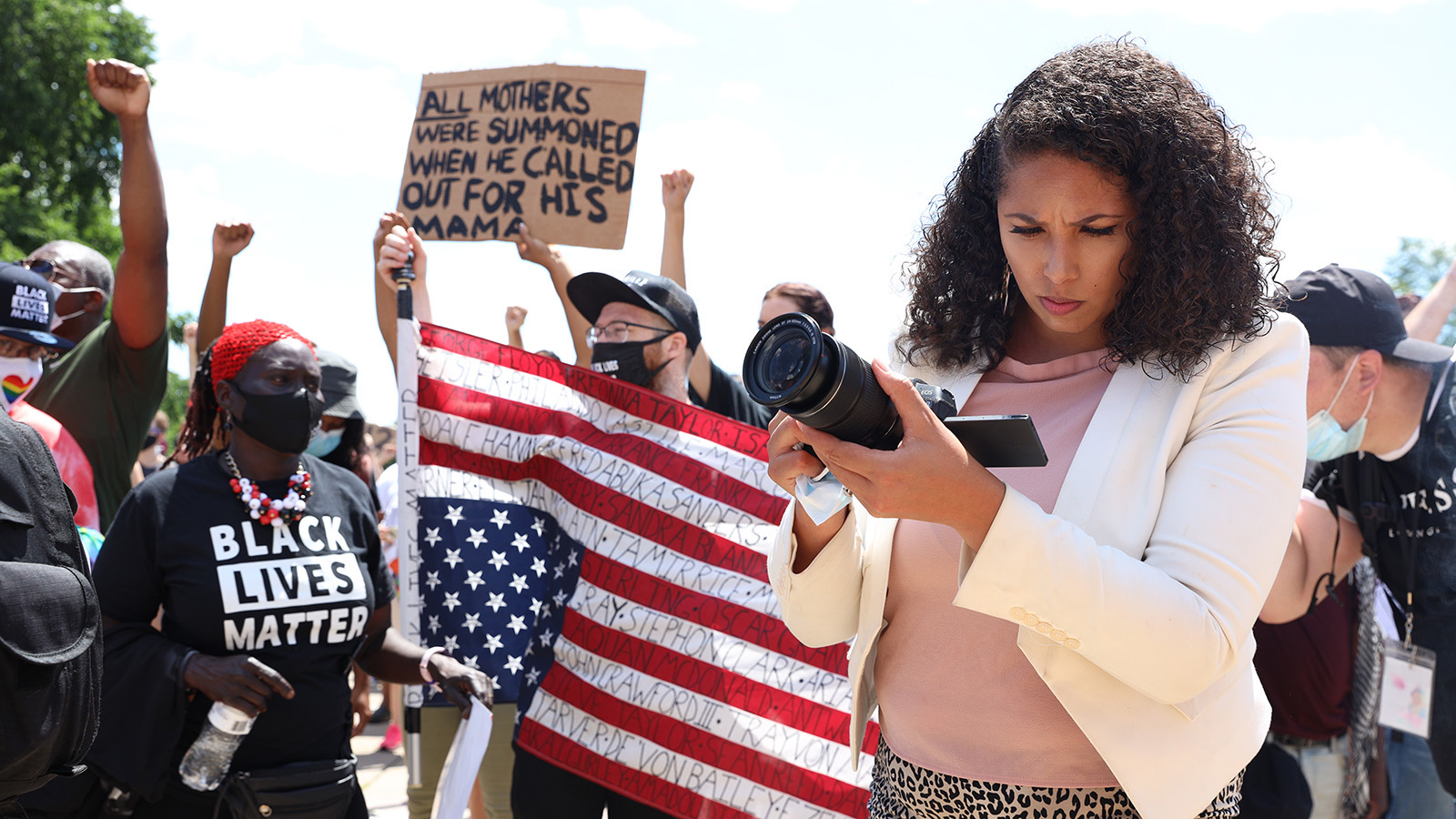 BLCK Press Founder Georgia Fort covers the "Mother's March" where more than 100 moms from across the country whose children were killed by police came to Minnesota to march after George Floyd's murder. Credit: Uzoma Obasi.