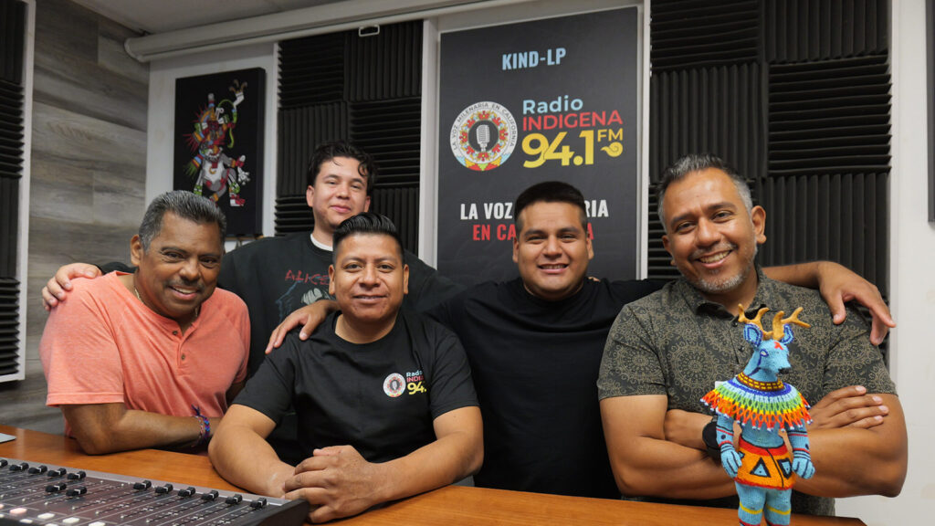 From left to right, radio programmer Francisco Ulloa, journalist Miguel Hernandez, producer Bernardino Almazan, Zapotec weaver Eduardo Jimenez; and Radio Manager, Jorge Rios in studio.